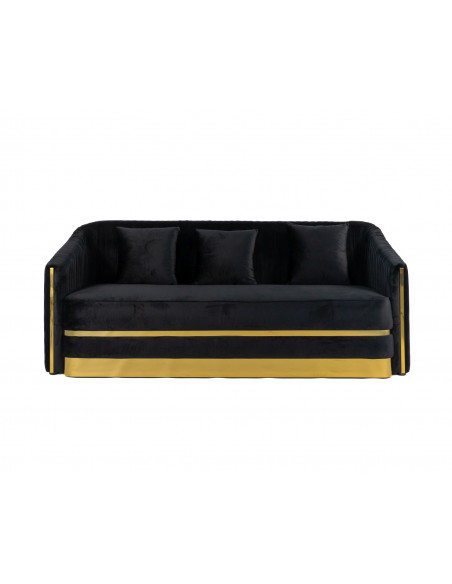 Luksusowa sofa 3 osobowa glamour do salonu, gabinetu, sypialni, nowoczesna plisowana, nowojorska czarna złota KALINA