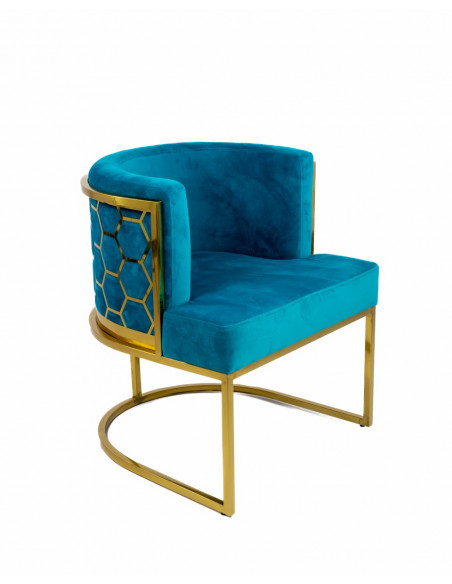 Fotel glamour do salonu i jadalni tapicerowany styl glamour okrągły turkusowy złoty ARUBA